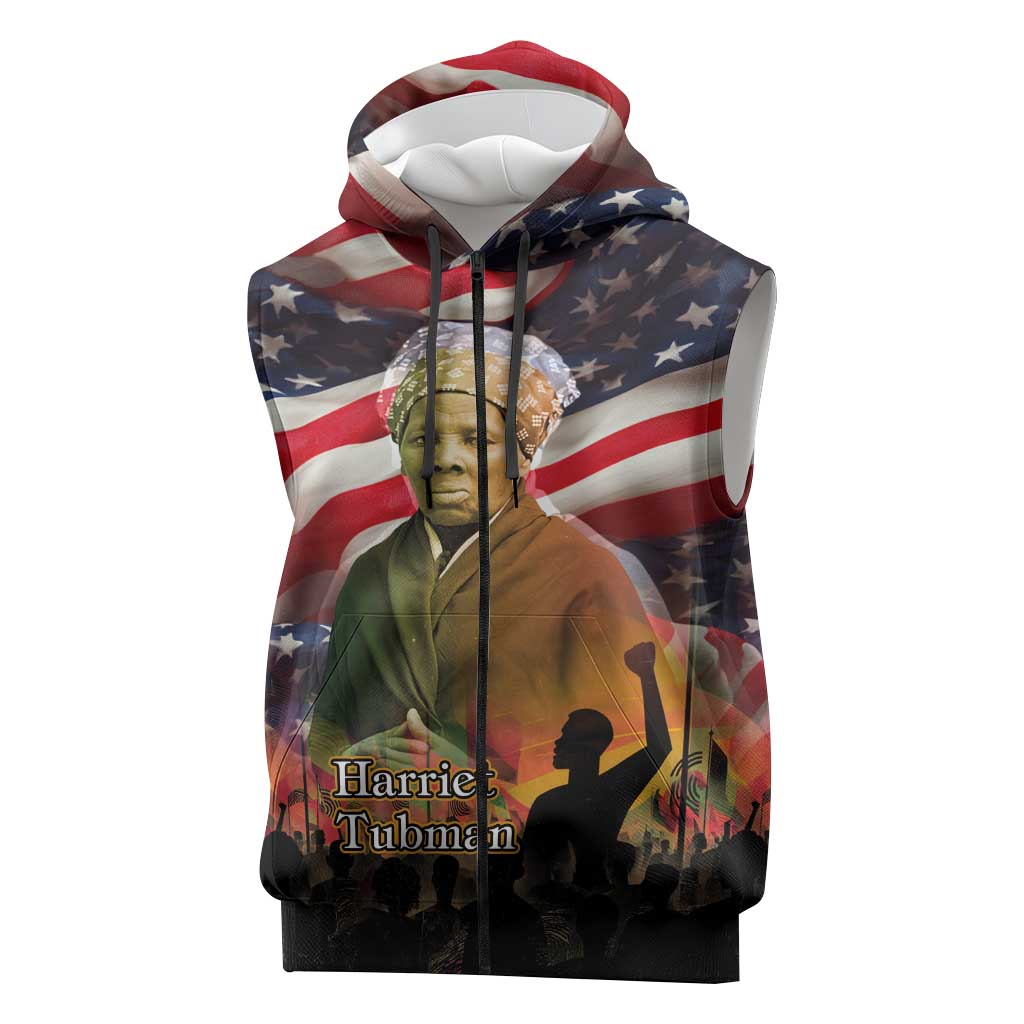 Harriet Tubman Sleeveless Zip Hoodie American Flag Background Underground Railroad Quote Powerful Civil Rights - African Pride