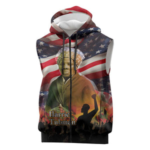 Harriet Tubman Sleeveless Zip Hoodie American Flag Background Underground Railroad Quote Powerful Civil Rights - African Pride