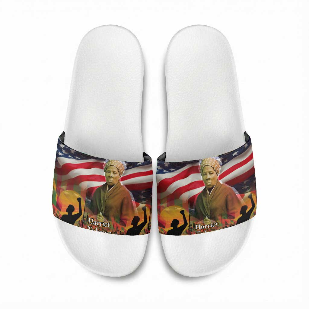 Harriet Tubman Slide Sandals American Flag Background Underground Railroad Quote Powerful Civil Rights - African Pride
