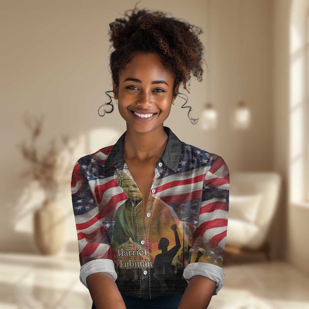 Harriet Tubman Women Casual Shirt American Flag Background Underground Railroad Quote Powerful Civil Rights - African Pride
