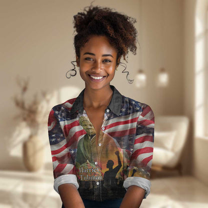 Harriet Tubman Women Casual Shirt American Flag Background Underground Railroad Quote Powerful Civil Rights - African Pride