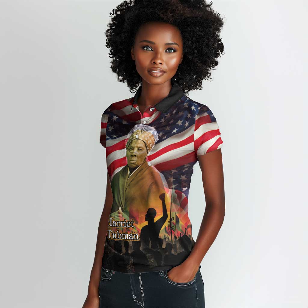 Harriet Tubman Women Polo Shirt American Flag Background Underground Railroad Quote Powerful Civil Rights TS04