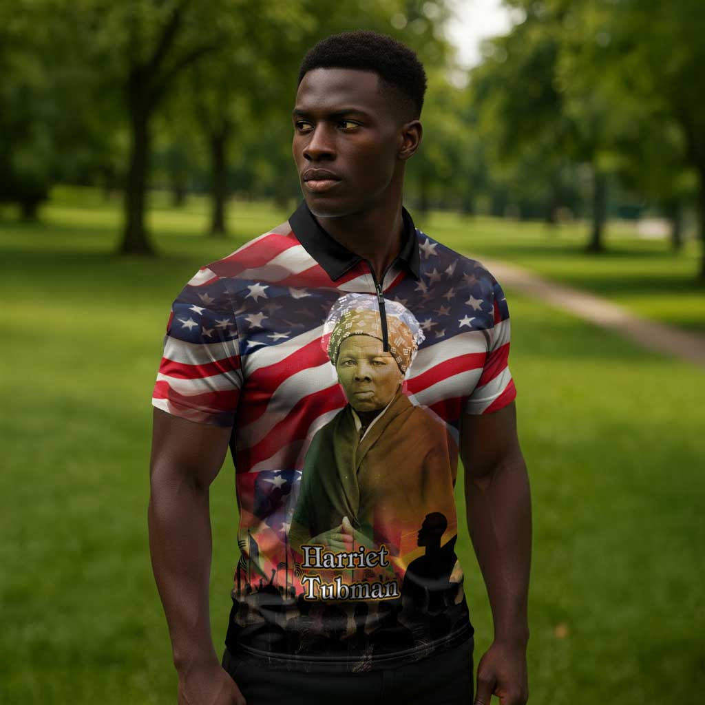 Harriet Tubman Zipper Polo Shirt American Flag Background Underground Railroad Quote Powerful Civil Rights - African Pride