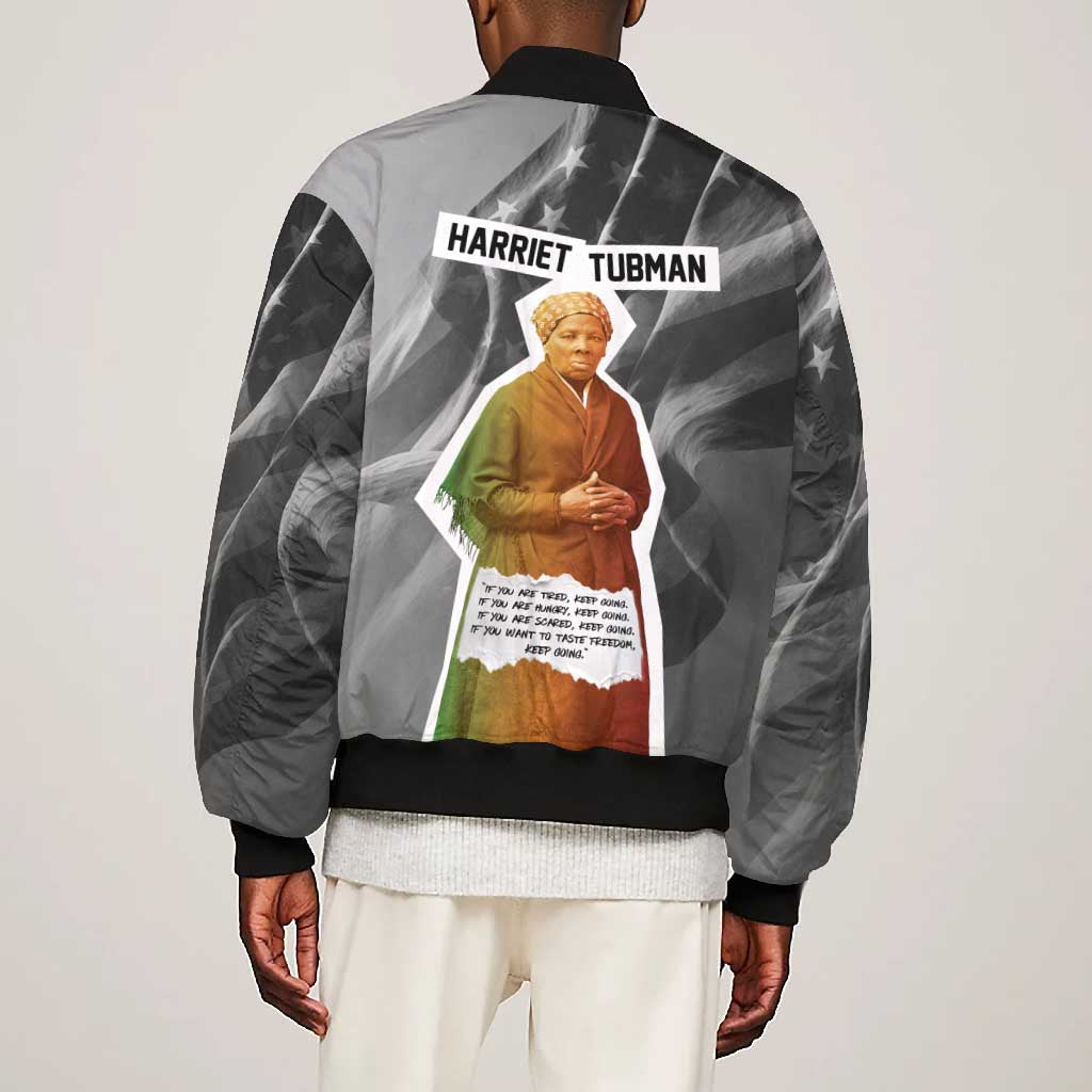 Harriet Tubman Bomber Jacket American Flag Background Civil Rights Quote Keep Going Tribute Design - African Pride
