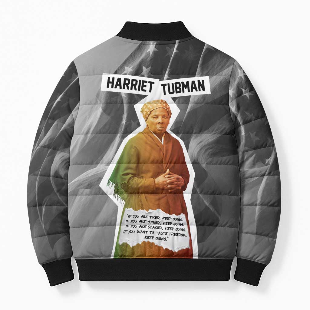 Harriet Tubman Bomber Puffer Jacket American Flag Background Civil Rights Quote Keep Going Tribute Design - African Pride