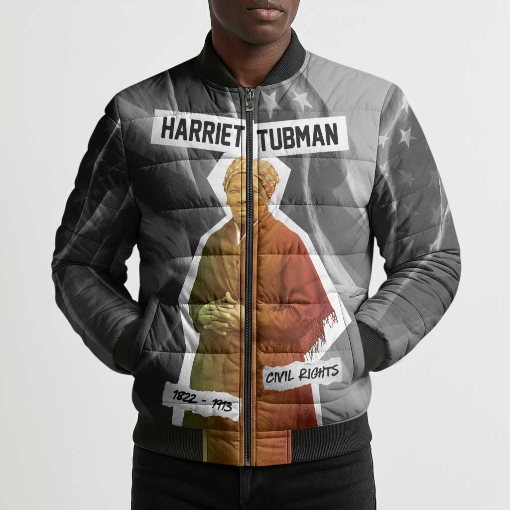 Harriet Tubman Bomber Puffer Jacket American Flag Background Civil Rights Quote Keep Going Tribute Design - African Pride