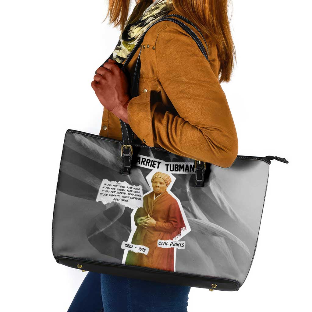 Harriet Tubman Leather Tote Bag American Flag Background Civil Rights Quote Keep Going Tribute Design - African Pride