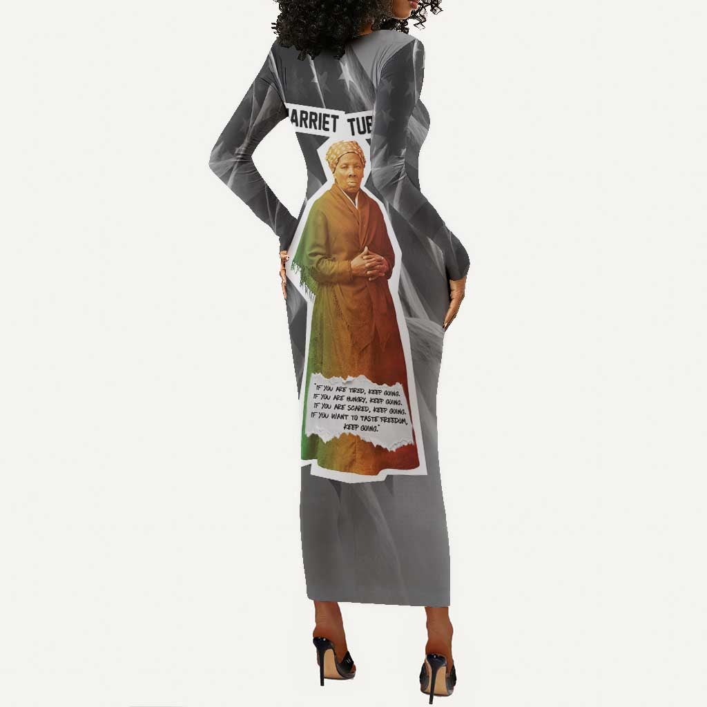 Harriet Tubman Long Sleeve Bodycon Dress American Flag Background Civil Rights Quote Keep Going Tribute Design - African Pride