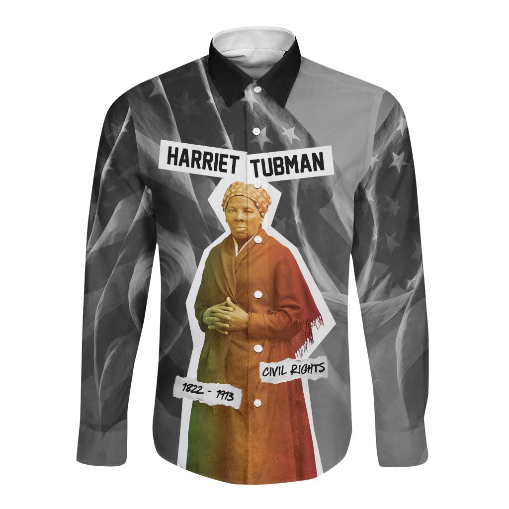 Harriet Tubman Long Sleeve Button Shirt American Flag Background Civil Rights Quote Keep Going Tribute Design - African Pride