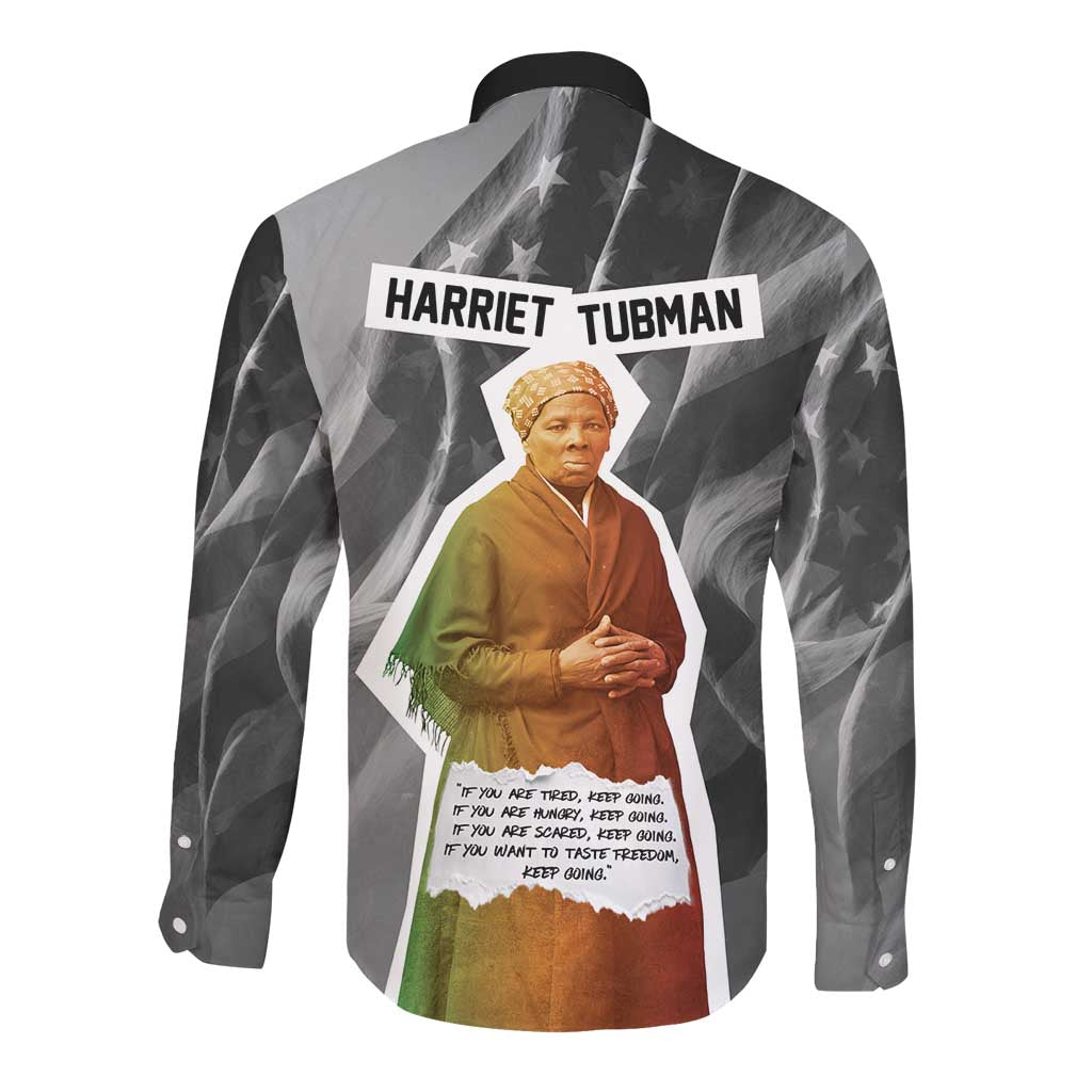 Harriet Tubman Long Sleeve Button Shirt American Flag Background Civil Rights Quote Keep Going Tribute Design - African Pride