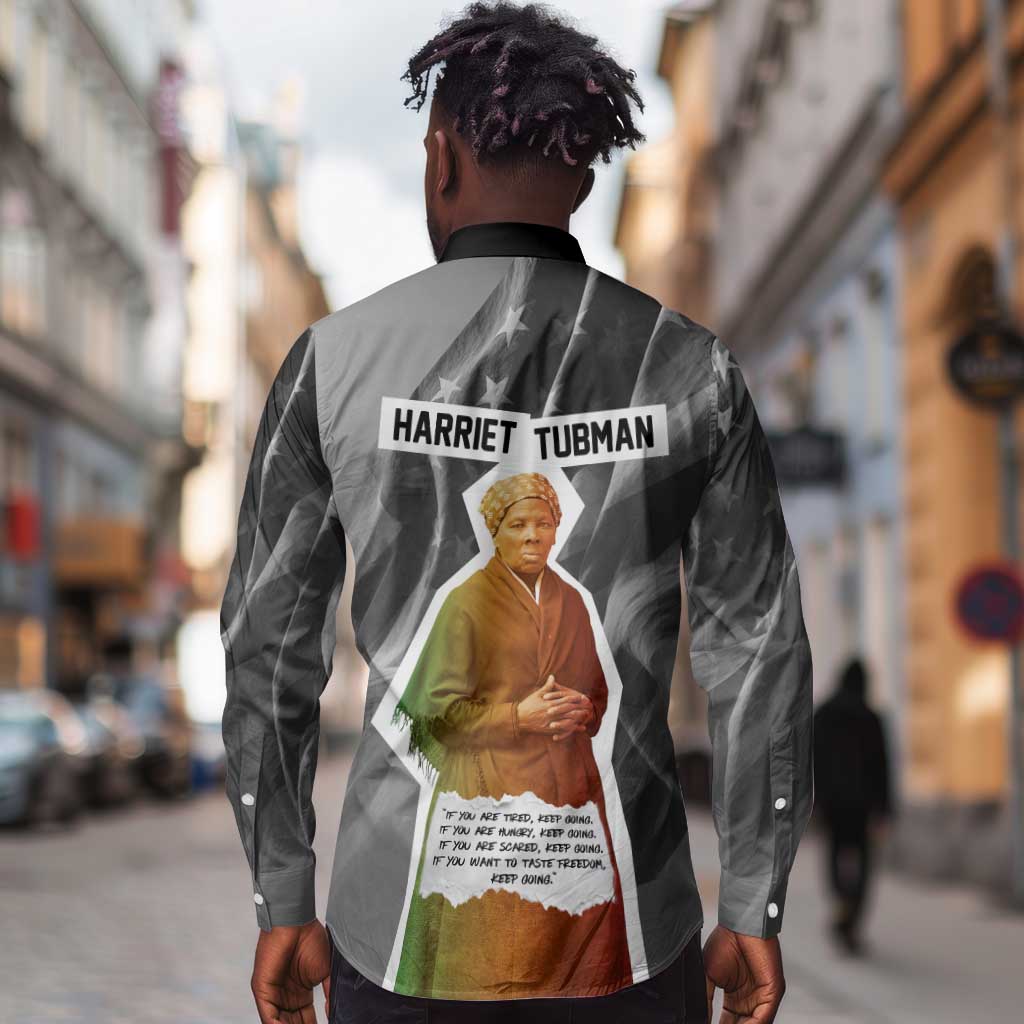 Harriet Tubman Long Sleeve Button Shirt American Flag Background Civil Rights Quote Keep Going Tribute Design - African Pride