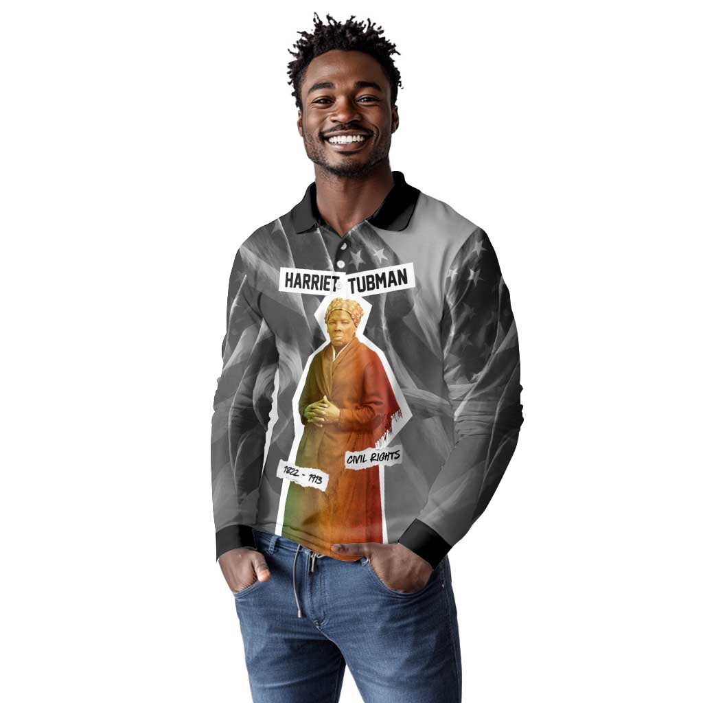 Harriet Tubman Long Sleeve Polo Shirt American Flag Background Civil Rights Quote Keep Going Tribute Design - African Pride