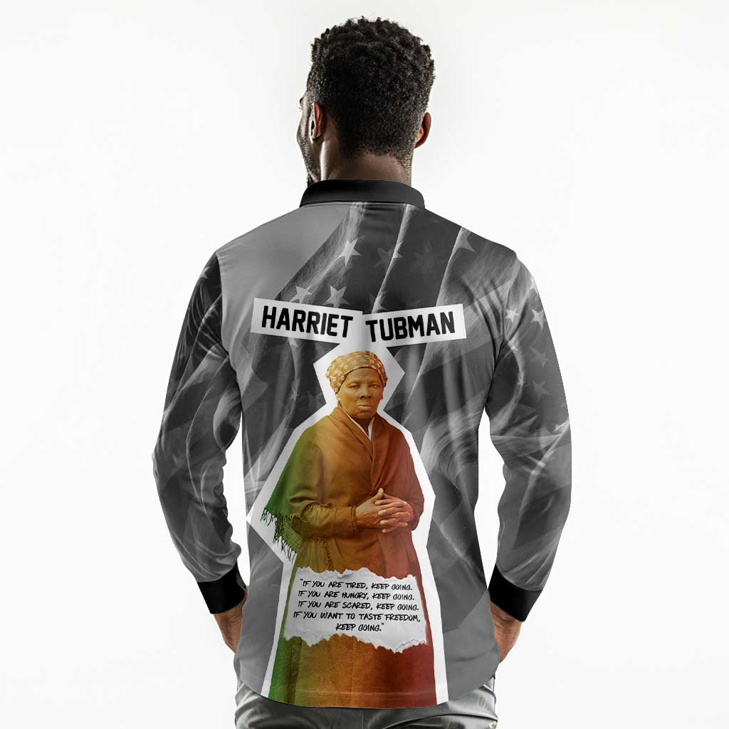 Harriet Tubman Long Sleeve Polo Shirt American Flag Background Civil Rights Quote Keep Going Tribute Design - African Pride