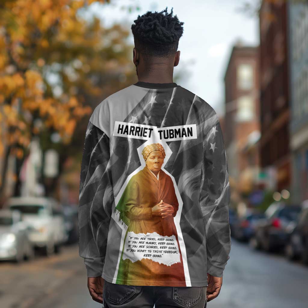Harriet Tubman Long Sleeve Shirt American Flag Background Civil Rights Quote Keep Going Tribute Design - African Pride