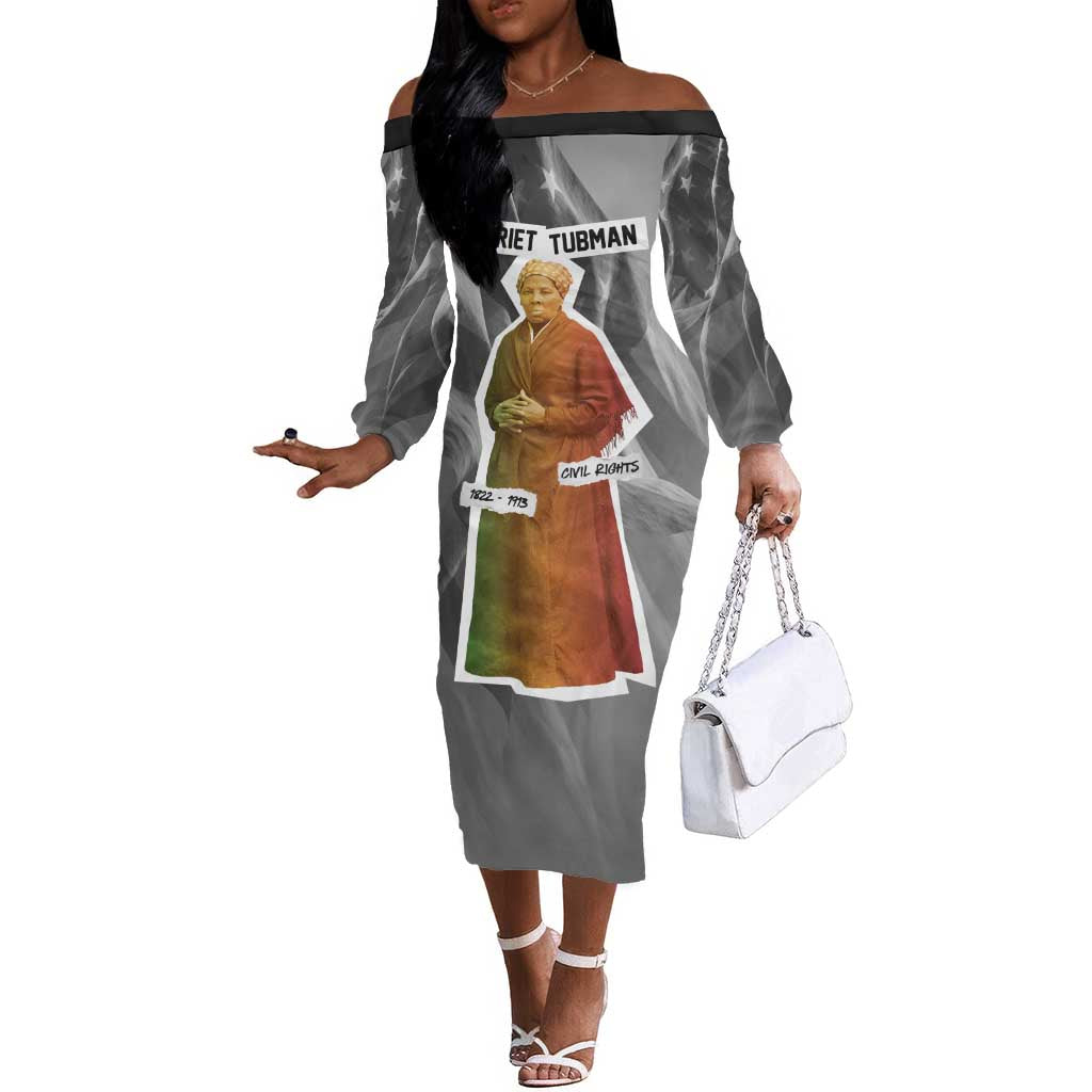 Harriet Tubman Off The Shoulder Long Sleeve Dress American Flag Background Civil Rights Quote Keep Going Tribute Design - African Pride