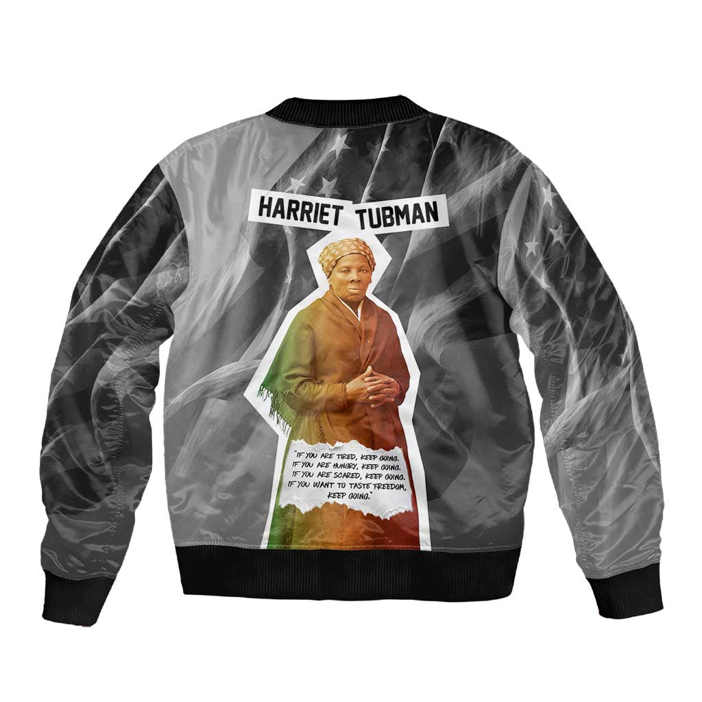 Harriet Tubman Sleeve Zip Bomber Jacket American Flag Background Civil Rights Quote Keep Going Tribute Design - African Pride