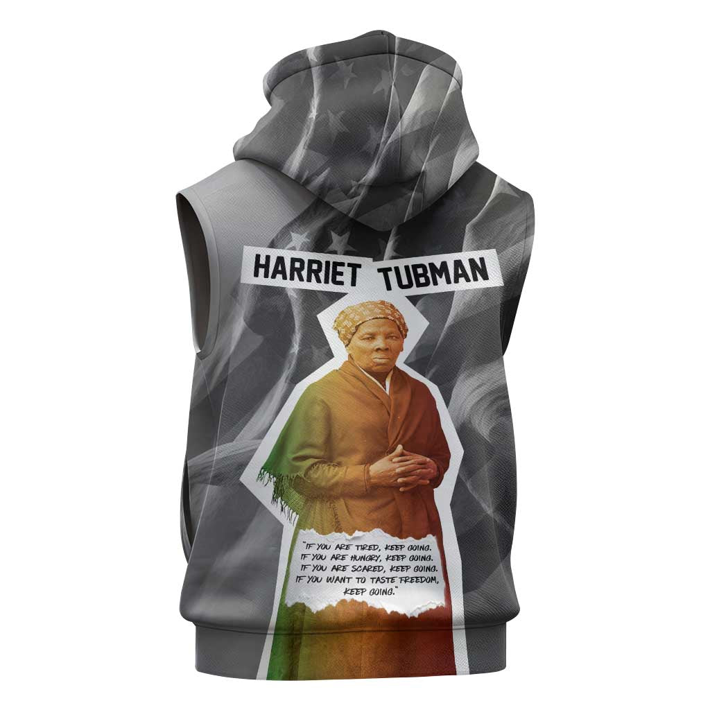 Harriet Tubman Sleeveless Zip Hoodie American Flag Background Civil Rights Quote Keep Going Tribute Design - African Pride