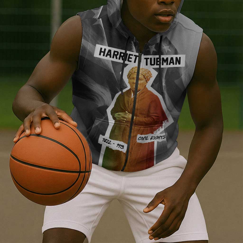 Harriet Tubman Sleeveless Zip Hoodie American Flag Background Civil Rights Quote Keep Going Tribute Design - African Pride