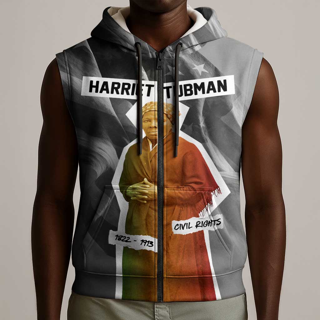 Harriet Tubman Sleeveless Zip Hoodie American Flag Background Civil Rights Quote Keep Going Tribute Design - African Pride