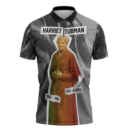 Harriet Tubman Zipper Polo Shirt American Flag Background Civil Rights Quote Keep Going Tribute Design - African Pride