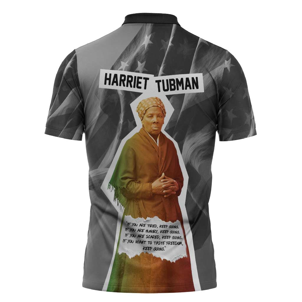 Harriet Tubman Zipper Polo Shirt American Flag Background Civil Rights Quote Keep Going Tribute Design - African Pride
