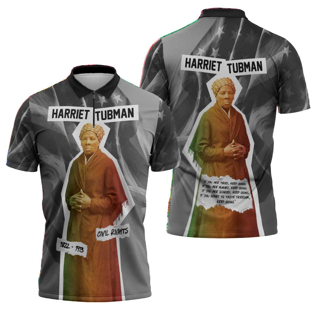 Harriet Tubman Zipper Polo Shirt American Flag Background Civil Rights Quote Keep Going Tribute Design - African Pride