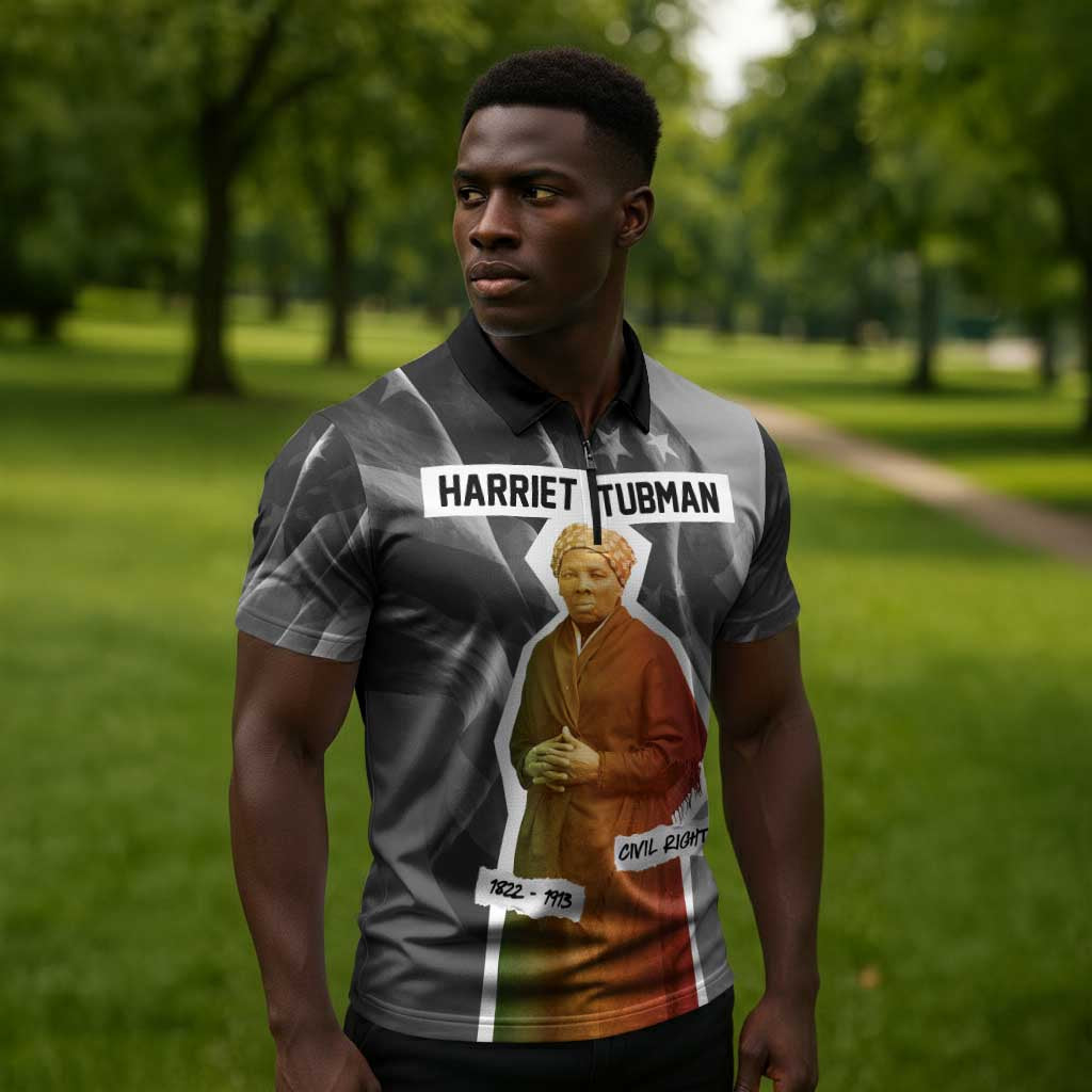 Harriet Tubman Zipper Polo Shirt American Flag Background Civil Rights Quote Keep Going Tribute Design - African Pride