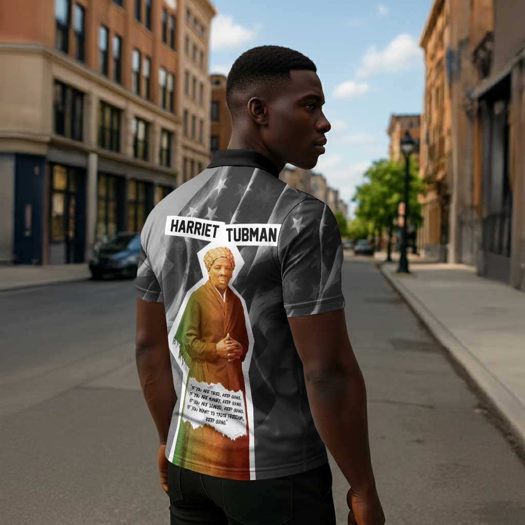 Harriet Tubman Zipper Polo Shirt American Flag Background Civil Rights Quote Keep Going Tribute Design - African Pride