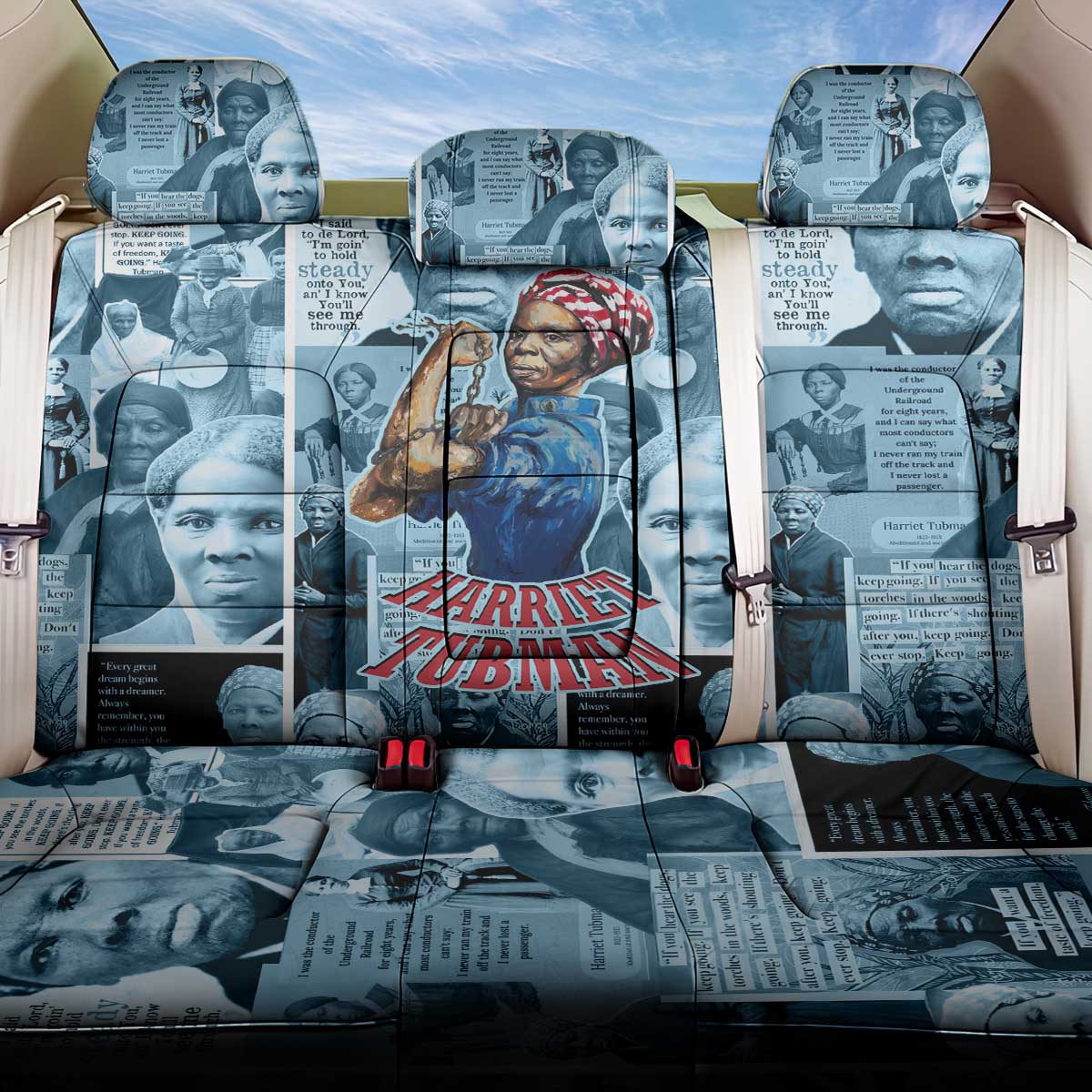 Harriet Tubman Back Car Seat Cover Newspaper Collage Design We Out Quote Strong Woman Tribute Underground Railroad Legacy - African Pride