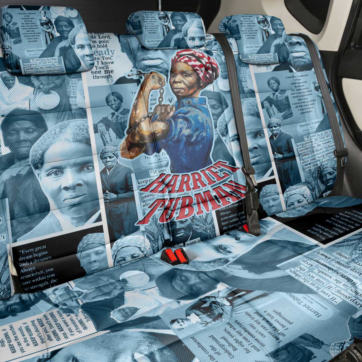 Harriet Tubman Back Car Seat Cover Newspaper Collage Design We Out Quote Strong Woman Tribute Underground Railroad Legacy - African Pride