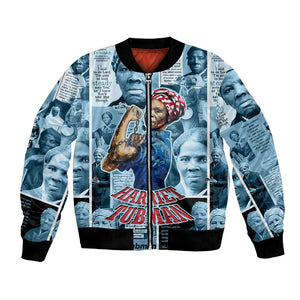 Harriet Tubman Bomber Jacket Newspaper Collage Design We Out Quote Strong Woman Tribute Underground Railroad Legacy - African Pride