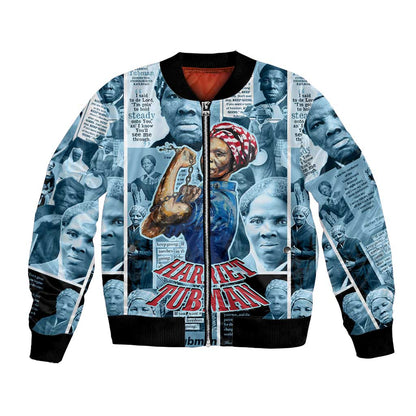 Harriet Tubman Bomber Jacket Newspaper Collage Design We Out Quote Strong Woman Tribute Underground Railroad Legacy - African Pride