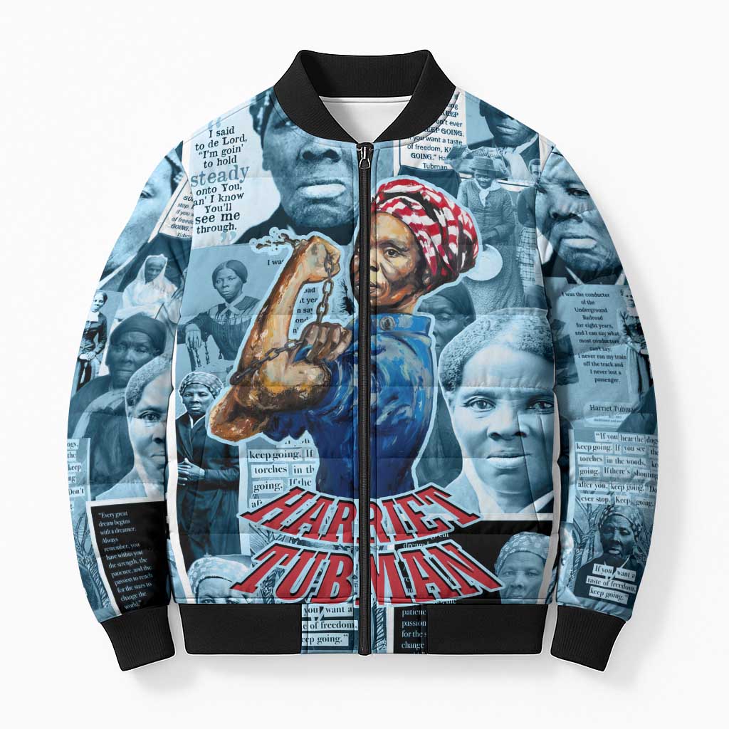 Harriet Tubman Bomber Puffer Jacket Newspaper Collage Design We Out Quote Strong Woman Tribute Underground Railroad Legacy - African Pride