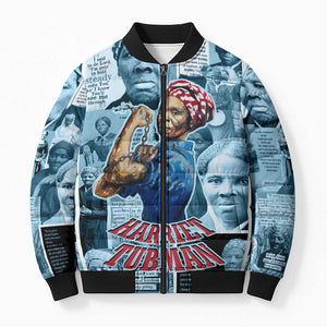 Harriet Tubman Bomber Puffer Jacket Newspaper Collage Design We Out Quote Strong Woman Tribute Underground Railroad Legacy - African Pride
