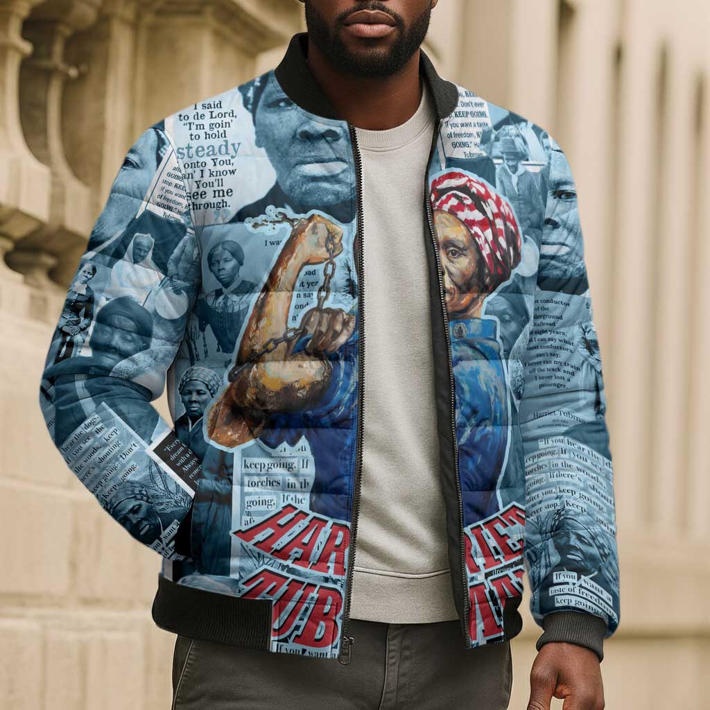 Harriet Tubman Bomber Puffer Jacket Newspaper Collage Design We Out Quote Strong Woman Tribute Underground Railroad Legacy - African Pride