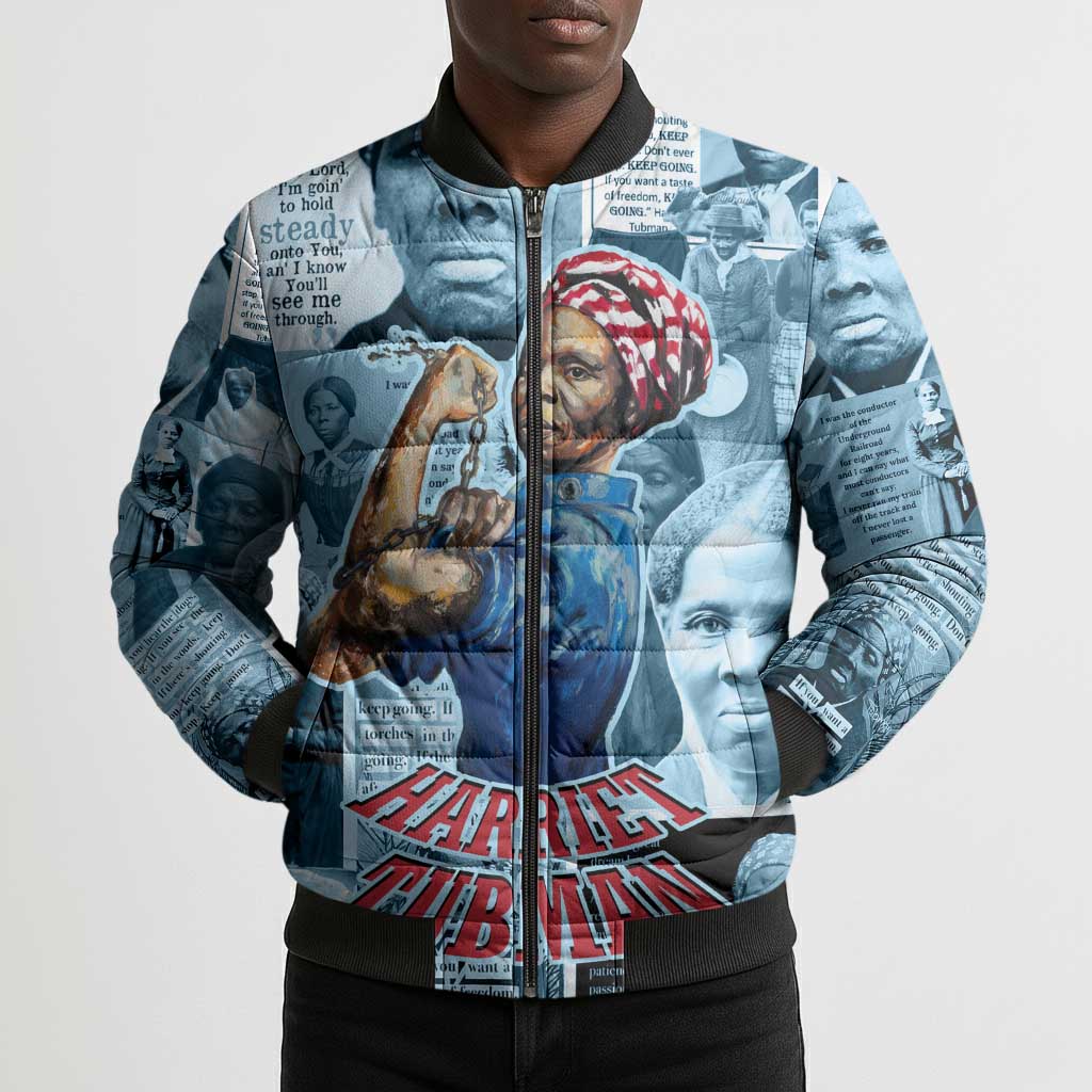 Harriet Tubman Bomber Puffer Jacket Newspaper Collage Design We Out Quote Strong Woman Tribute Underground Railroad Legacy - African Pride