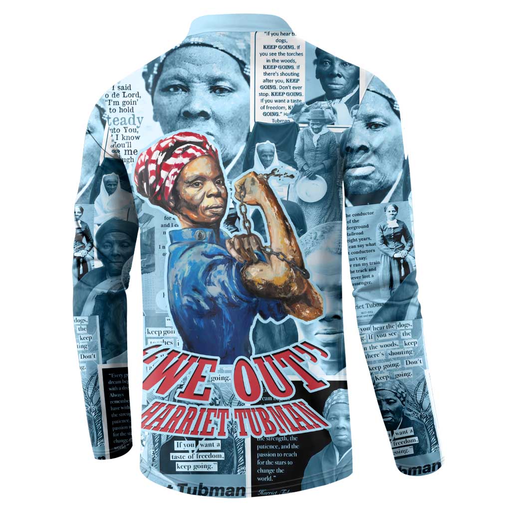 Harriet Tubman Button Sweatshirt Newspaper Collage Design We Out Quote Strong Woman Tribute Underground Railroad Legacy