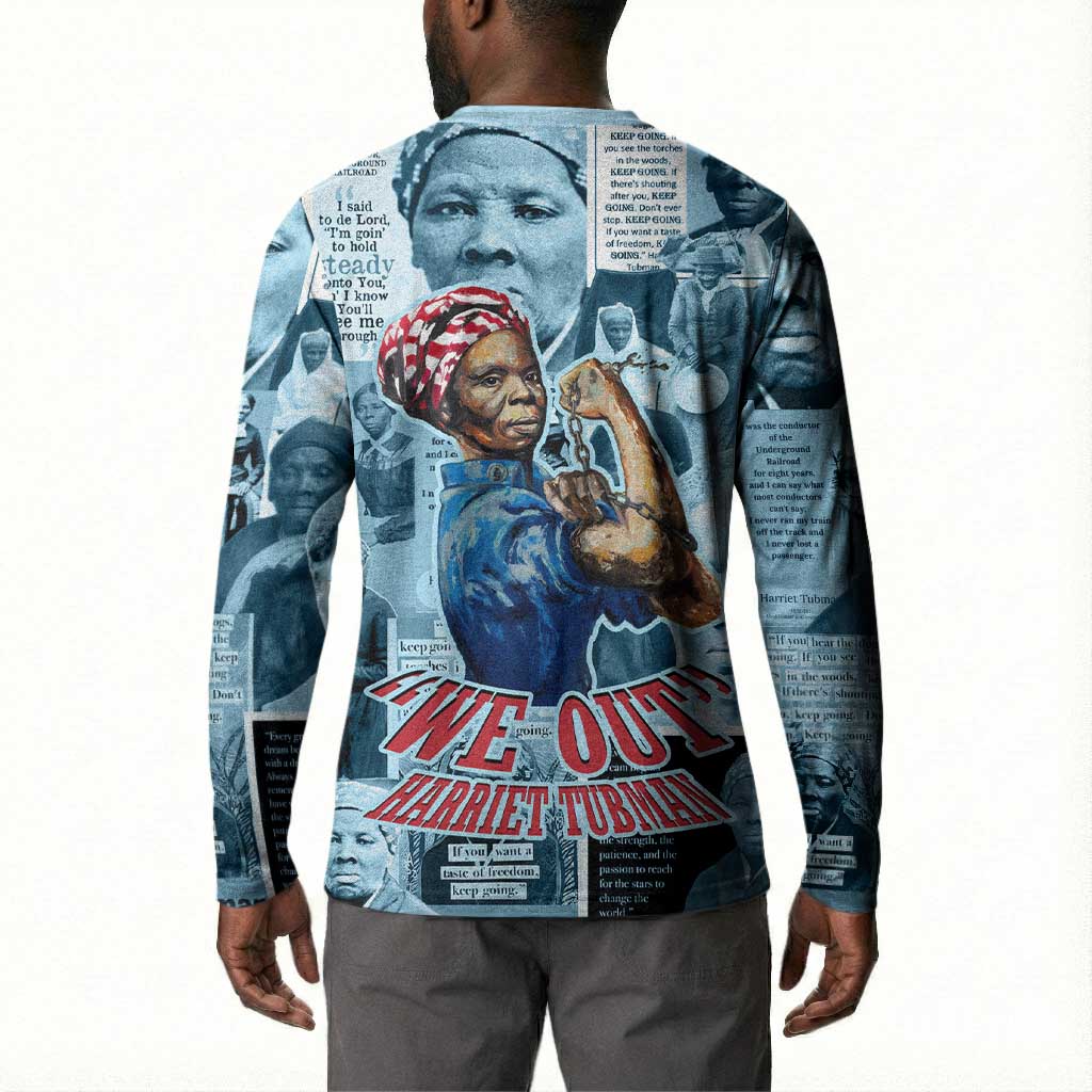 Harriet Tubman Button Sweatshirt Newspaper Collage Design We Out Quote Strong Woman Tribute Underground Railroad Legacy