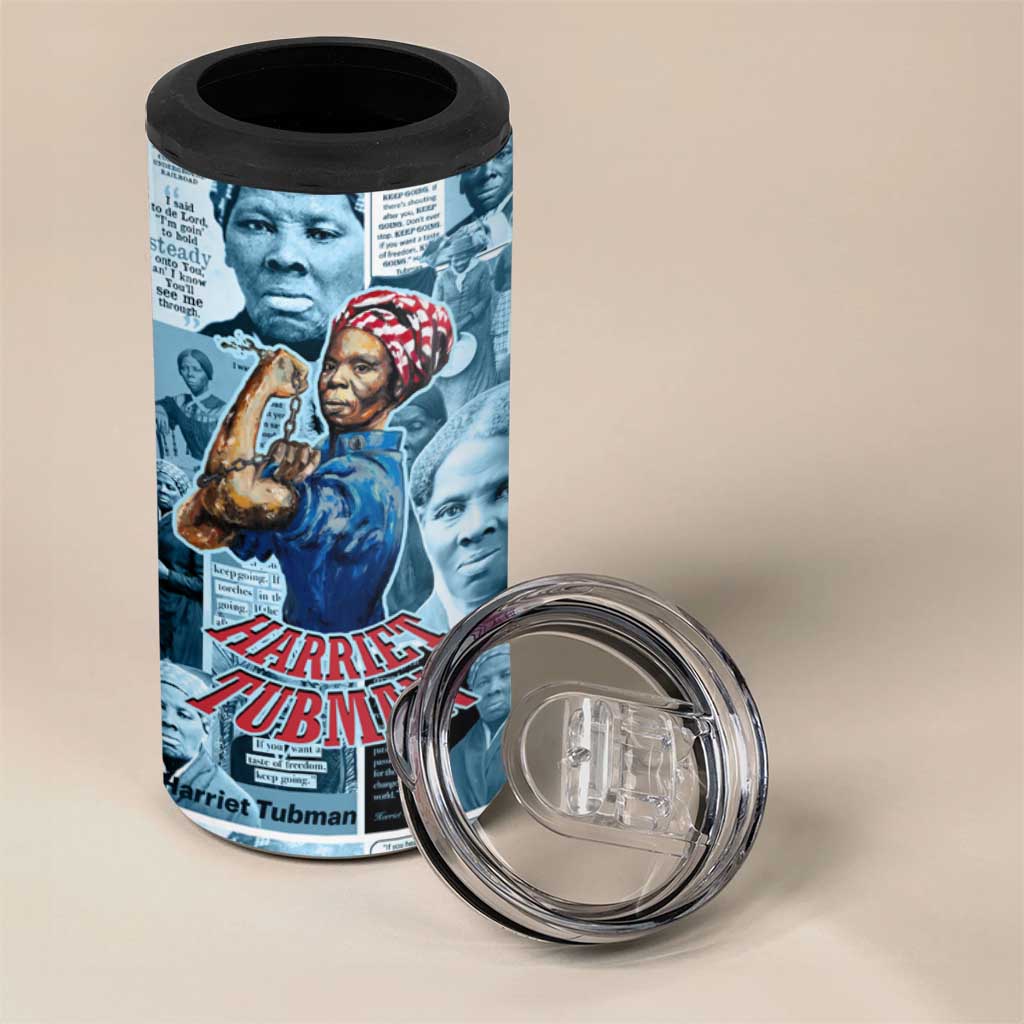 Harriet Tubman 4 in 1 Can Cooler Tumbler Newspaper Collage Design We Out Quote Strong Woman Tribute Underground Railroad Legacy - African Pride