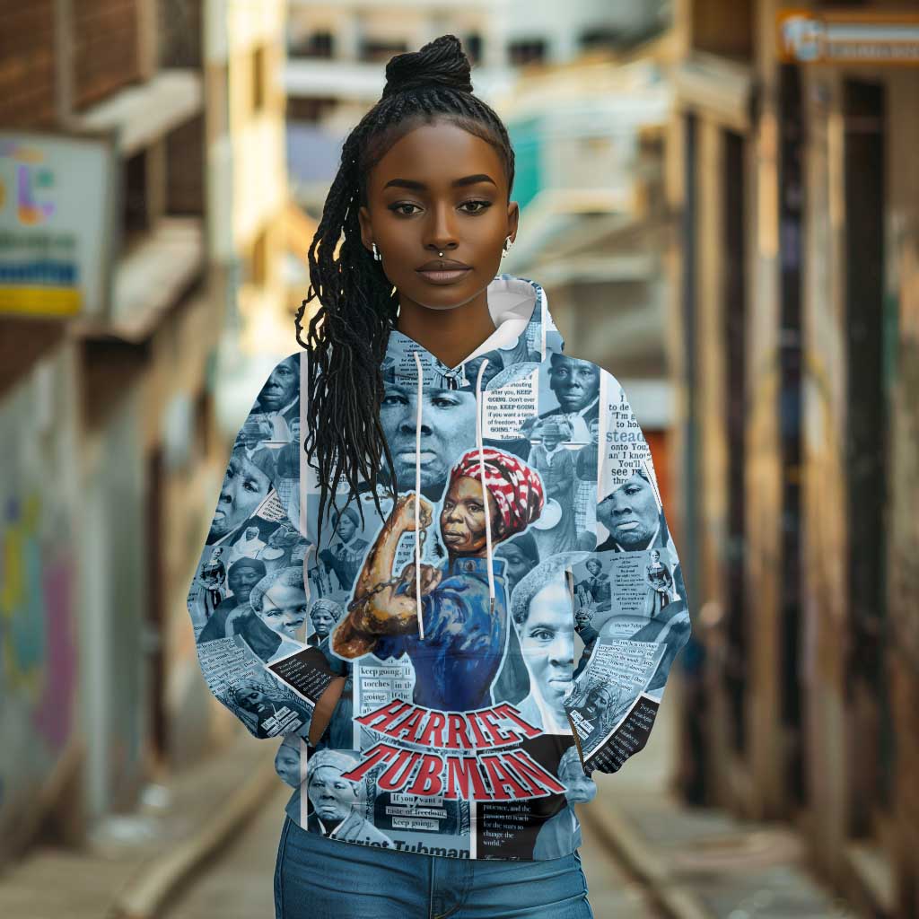 Harriet Tubman Hoodie Newspaper Collage Design We Out Quote Strong Woman Tribute Underground Railroad Legacy - African Pride