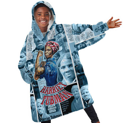 Harriet Tubman Kid Wearable Blanket Hoodie Newspaper Collage Design We Out Quote Strong Woman Tribute Underground Railroad Legacy - African Pride