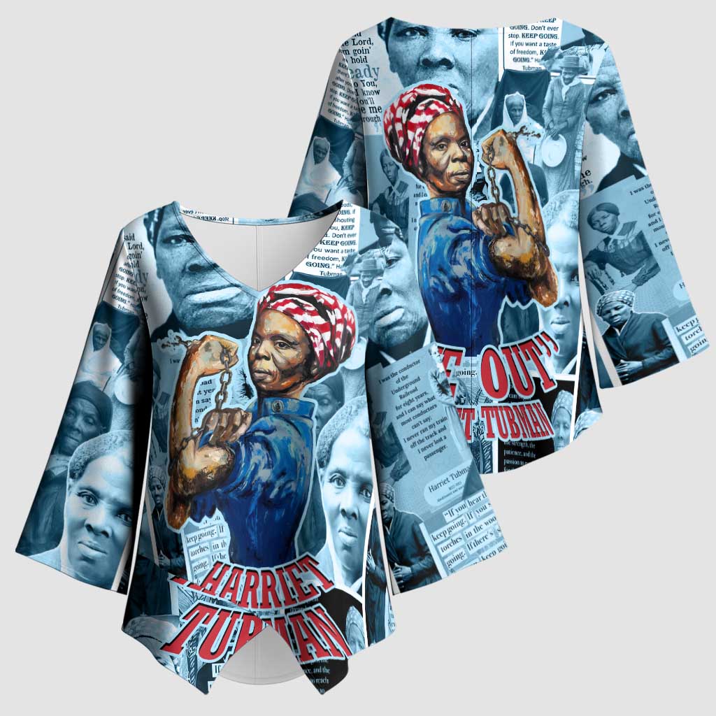 Harriet Tubman Kimono Sleeve Blouse Newspaper Collage Design We Out Quote Strong Woman Tribute Underground Railroad Legacy - African Pride