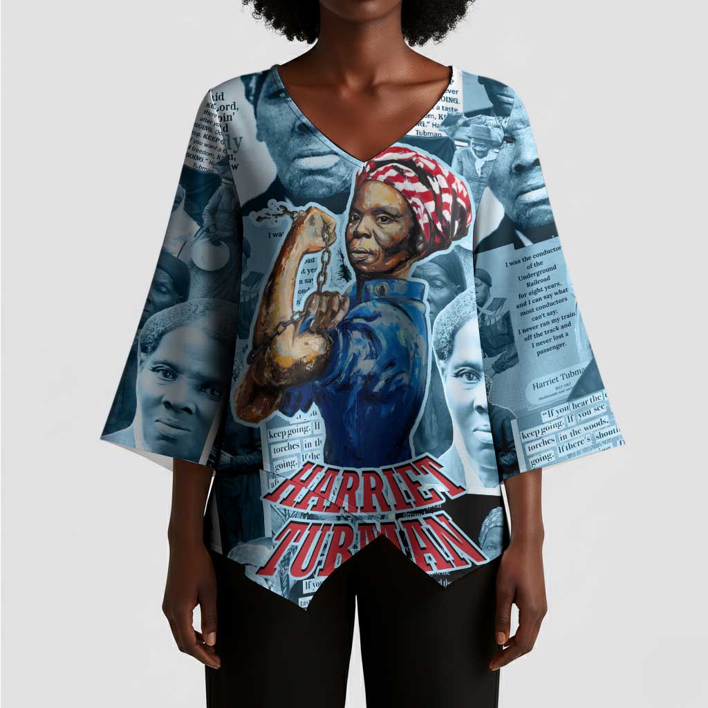 Harriet Tubman Kimono Sleeve Blouse Newspaper Collage Design We Out Quote Strong Woman Tribute Underground Railroad Legacy - African Pride