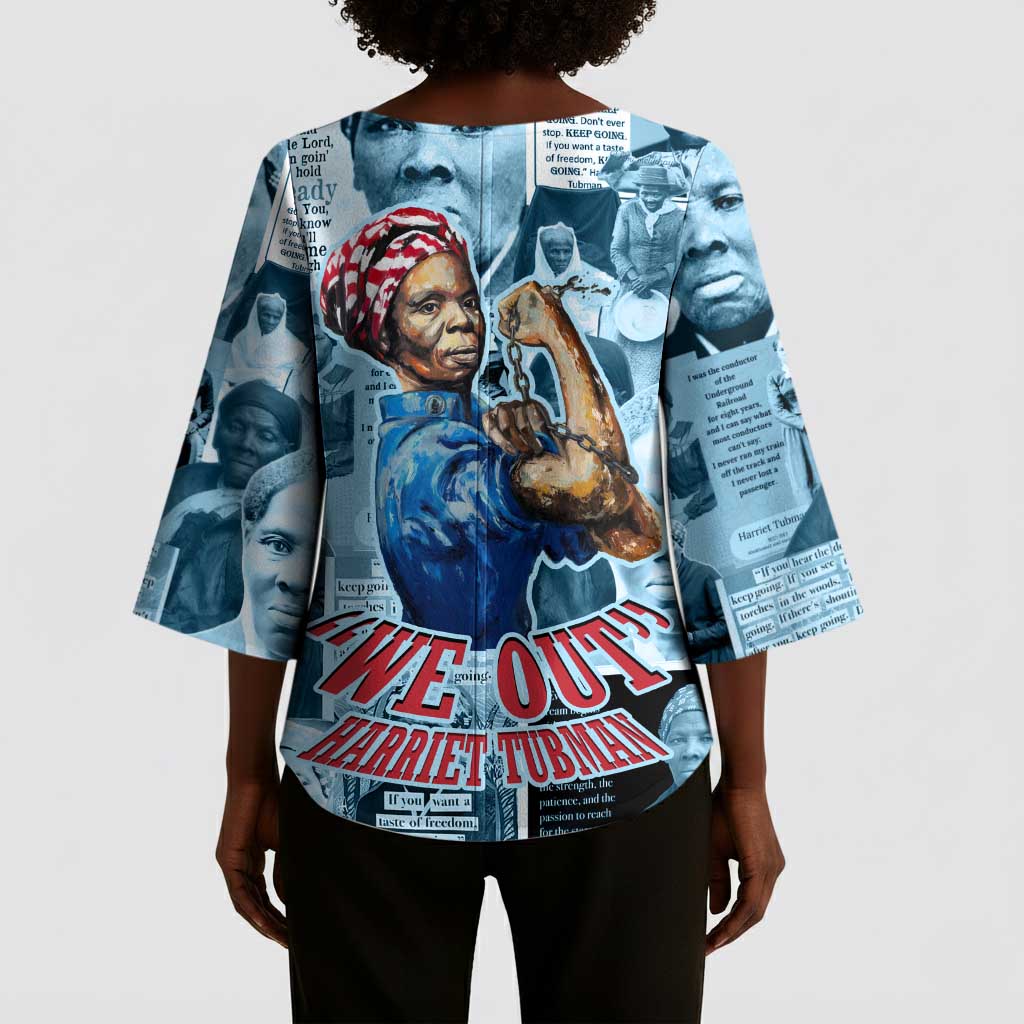 Harriet Tubman Kimono Sleeve Blouse Newspaper Collage Design We Out Quote Strong Woman Tribute Underground Railroad Legacy - African Pride