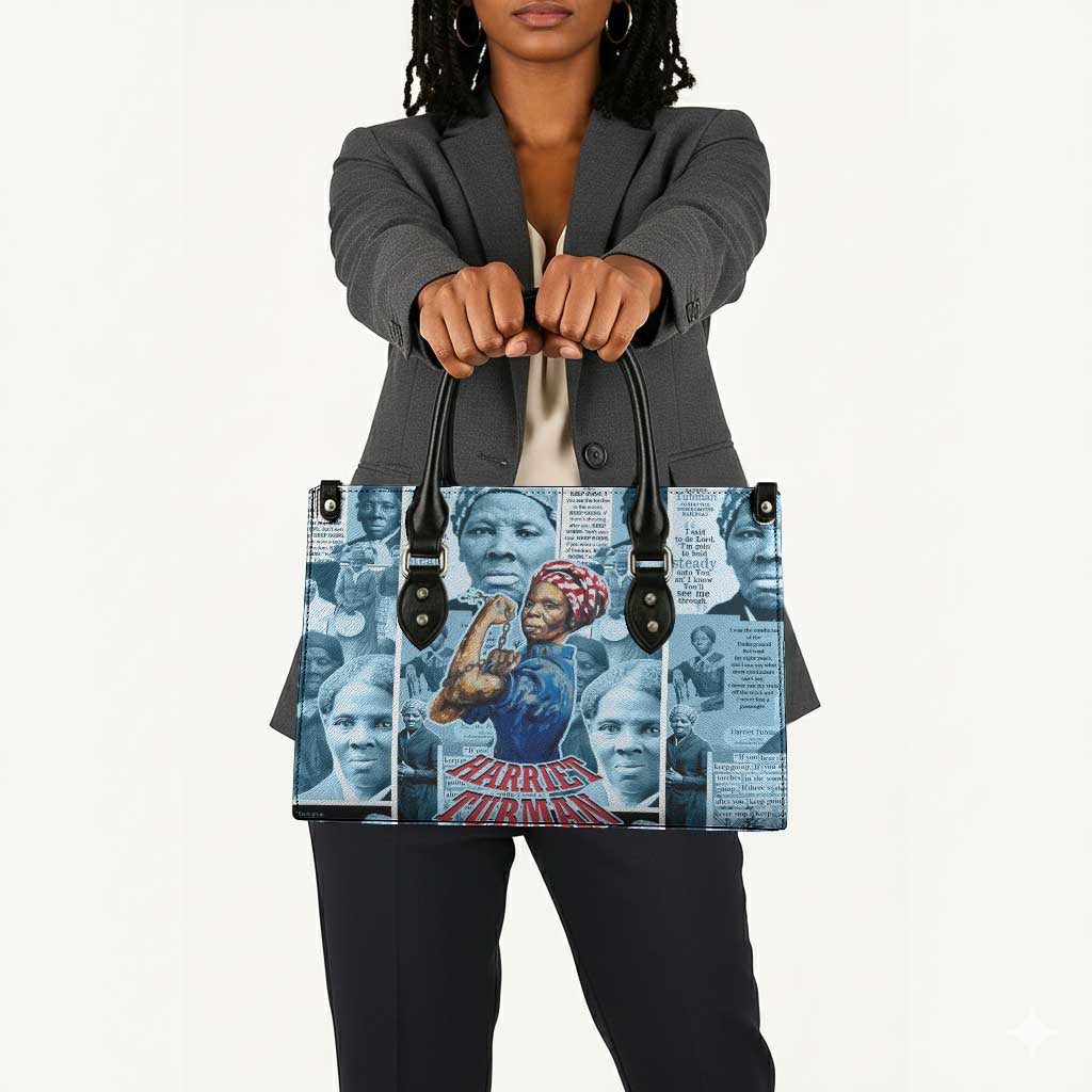 Harriet Tubman Leather Bag Newspaper Collage Design We Out Quote Strong Woman Tribute Underground Railroad Legacy - African Pride
