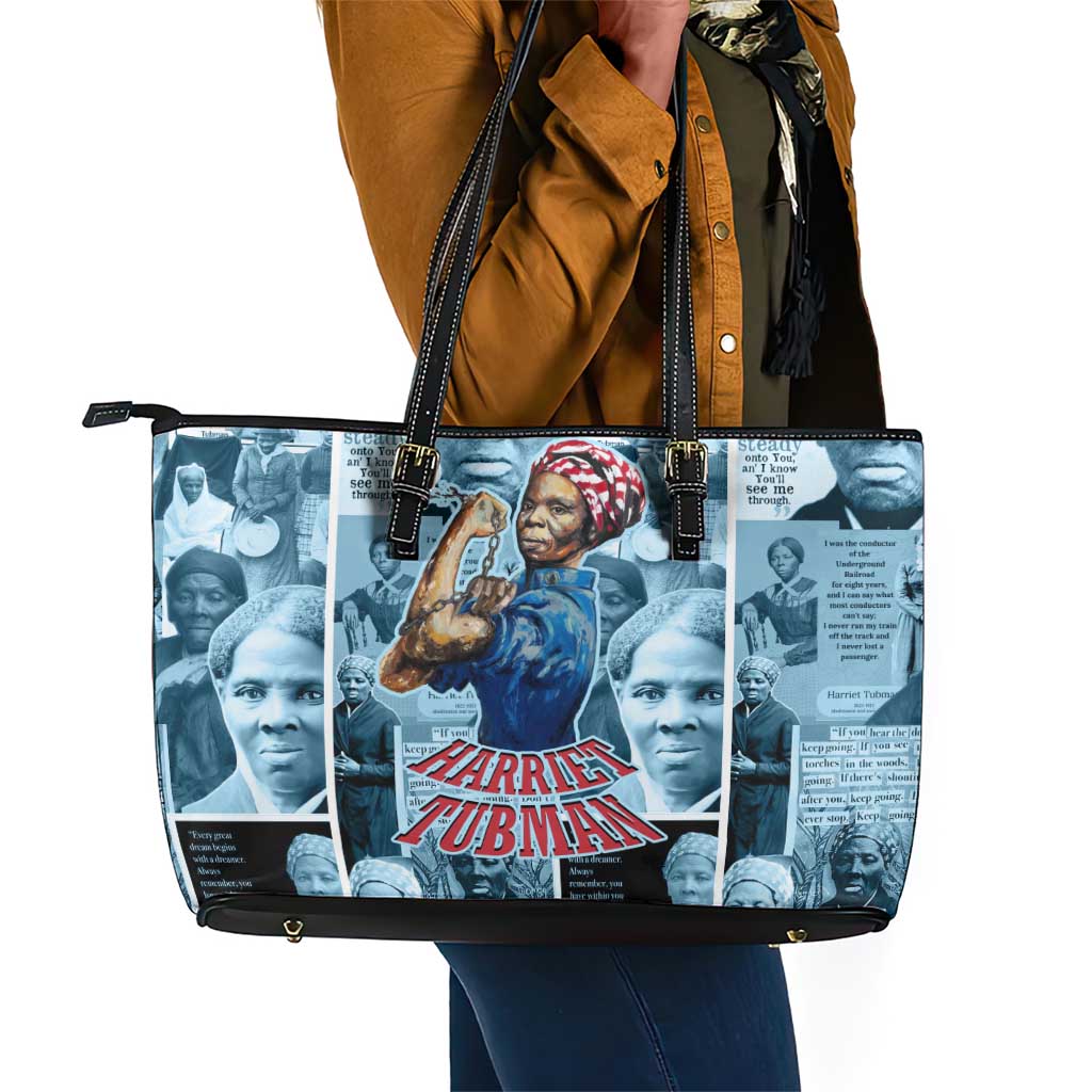 Harriet Tubman Leather Tote Bag Newspaper Collage Design We Out Quote Strong Woman Tribute Underground Railroad Legacy - African Pride