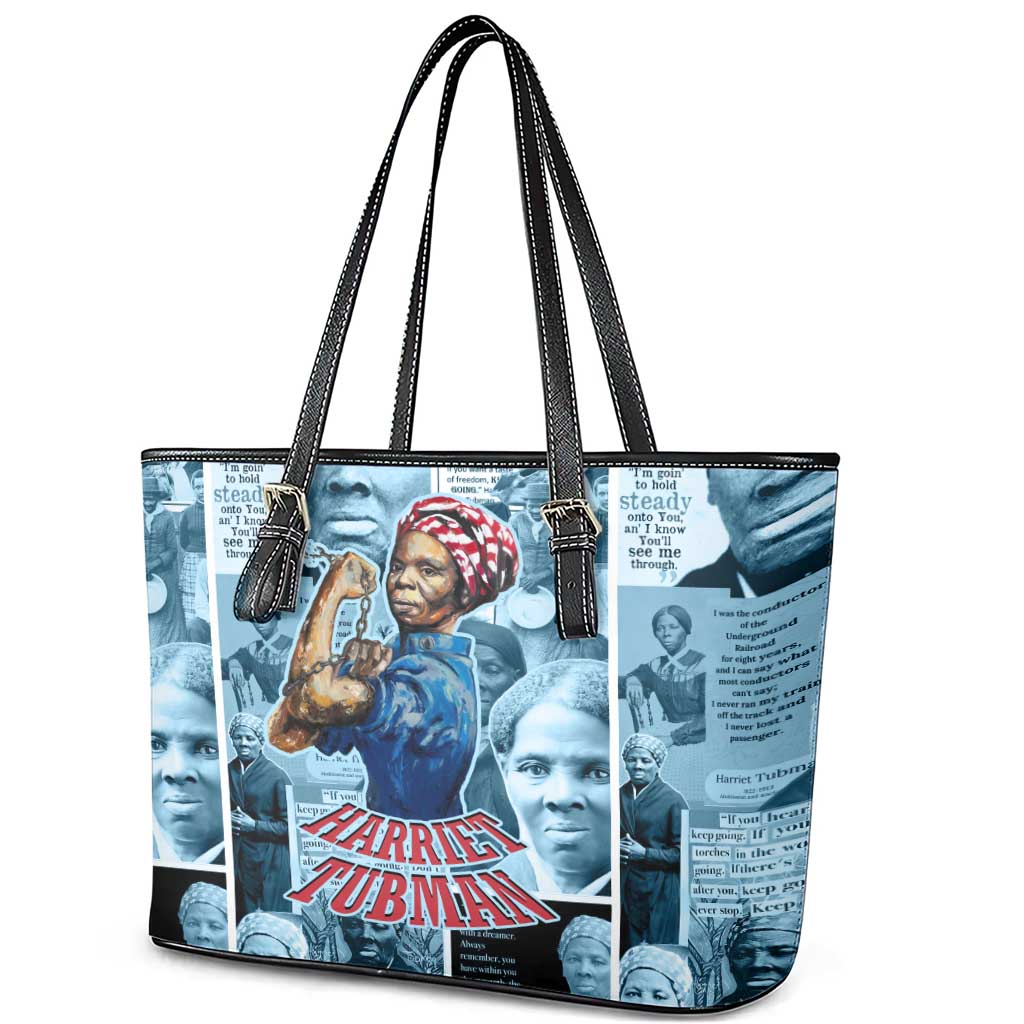 Harriet Tubman Leather Tote Bag Newspaper Collage Design We Out Quote Strong Woman Tribute Underground Railroad Legacy - African Pride