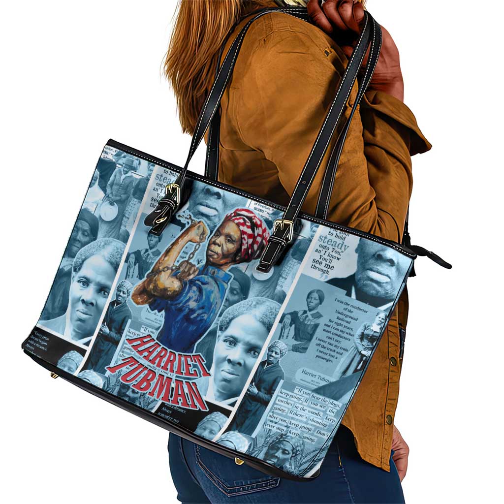 Harriet Tubman Leather Tote Bag Newspaper Collage Design We Out Quote Strong Woman Tribute Underground Railroad Legacy - African Pride
