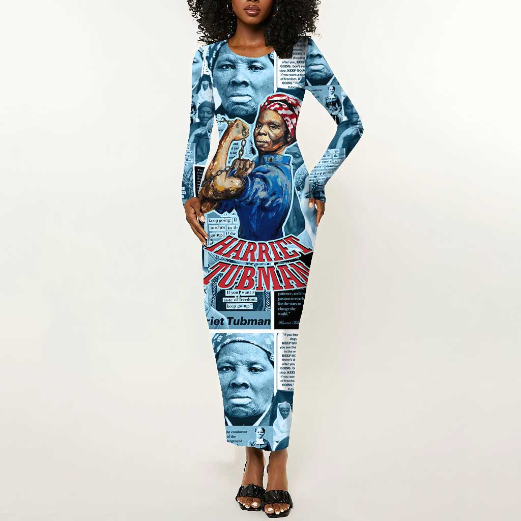 Harriet Tubman Long Sleeve Bodycon Dress Newspaper Collage Design We Out Quote Strong Woman Tribute Underground Railroad Legacy - African Pride
