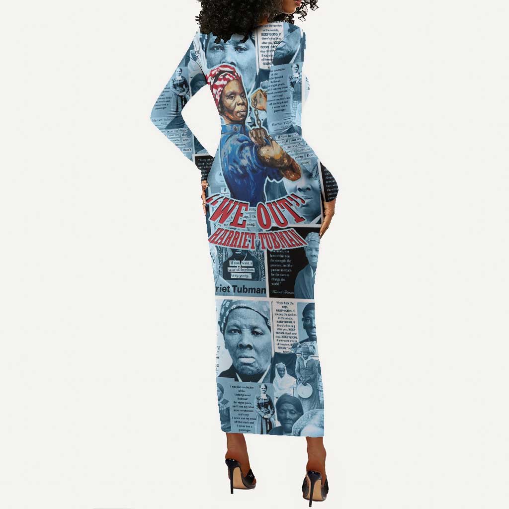 Harriet Tubman Long Sleeve Bodycon Dress Newspaper Collage Design We Out Quote Strong Woman Tribute Underground Railroad Legacy - African Pride